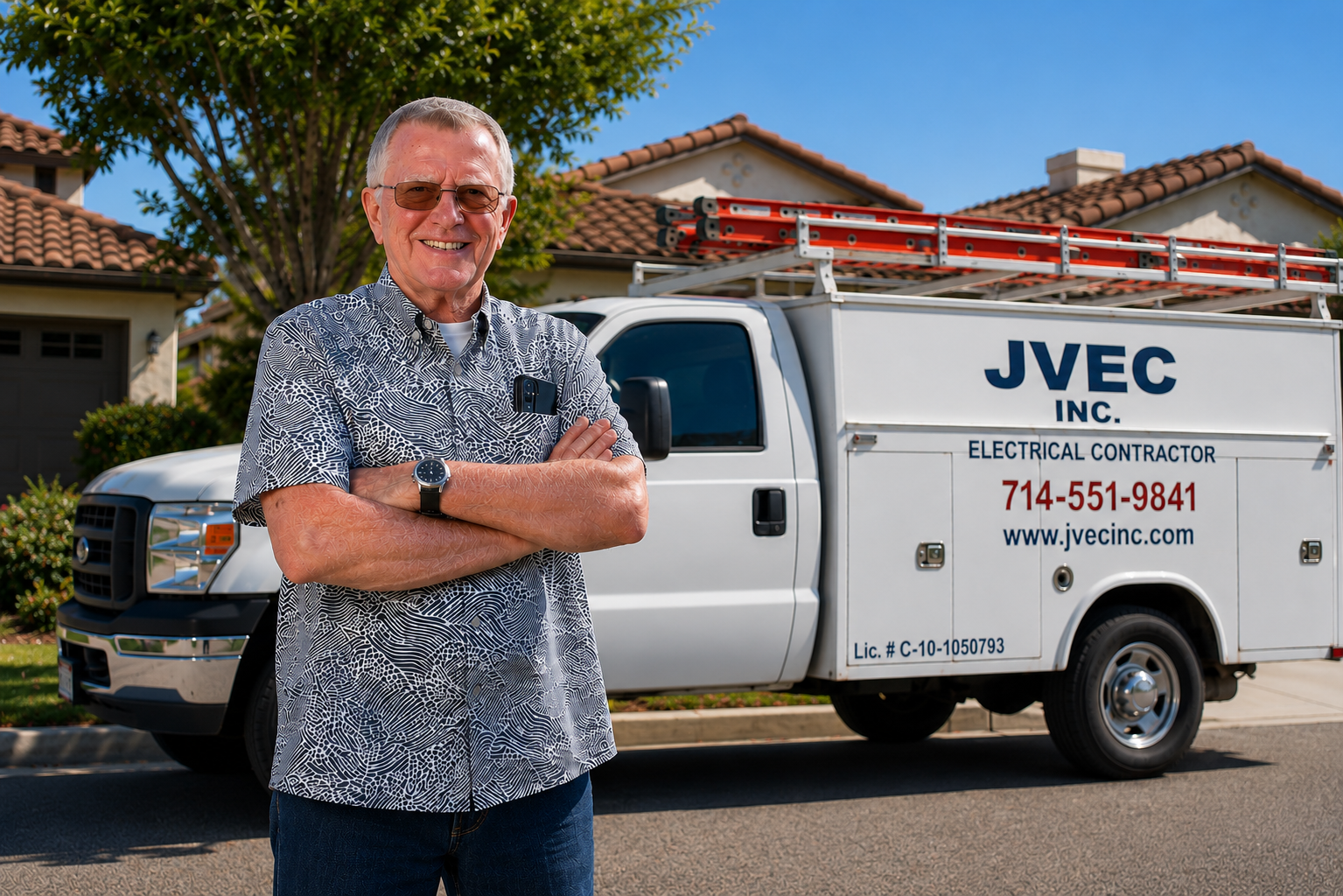 Jack Vardiman, second-generation owner of JVEC Inc., standing in front of the JVEC service truck in Orange County, California