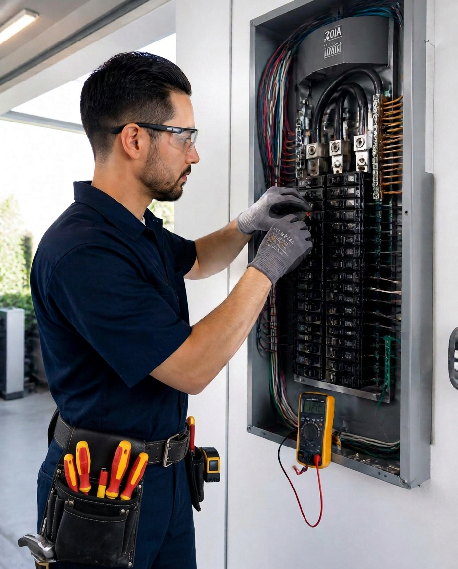 Licensed Orange County electrician servicing a modern 200-amp residential electrical panel